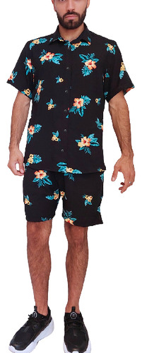 Conjunto Hawaiana Hombre Short Y Camisa Manga Corta Verano