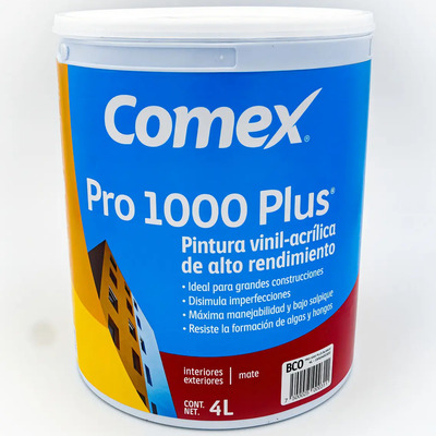 Pintura Acrílica Comex Pro 1000 Plus Vinil 4L Blanco Interior Exterior | Envío gratis