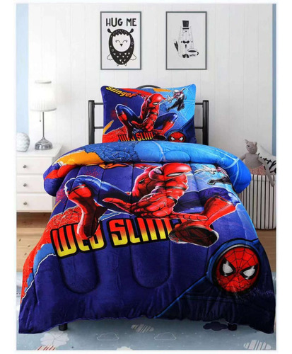 Cobertor De Niño Hombre Araña 1.5 Plaza Azul Hermoso Diseño