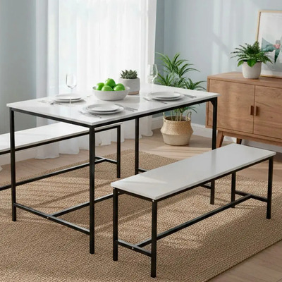 Juego Mesa Comedor Rectangular 110cm 2 Bancos Metal Madera Tapa Blanco Patas Negro | Envío gratis