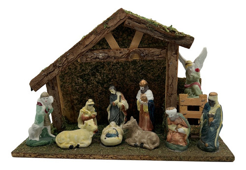 Pesebre Navideño 10 Figuras Casita De Madera 