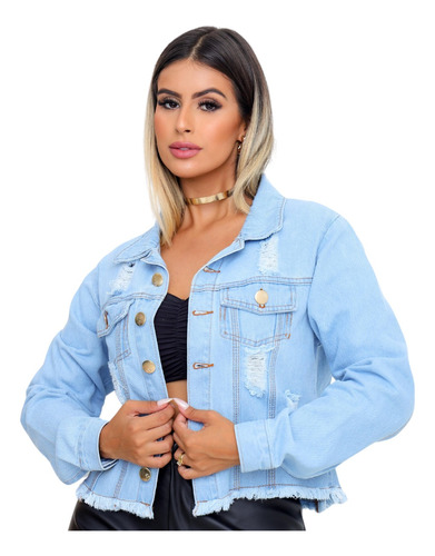 Jaqueta Jeans Feminina Com Lycra Jaquetinha Curta Destroyed