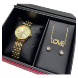 Lindo Kit Relógio Lince Feminino Dourado Colar Love Brincos