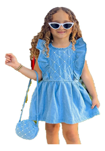 Vestido Jeans Infantil Pérolas Natal Festa Blogueira + Bolsa