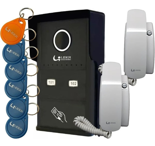  Kit Porteiro Coletivo Rfid 2 Pontos Com Tags E 2 Monofones Cor Preto