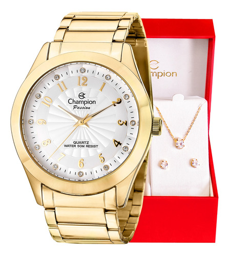 Relógio Champion Feminino Dourado Cn29409d + Colar E Brincos