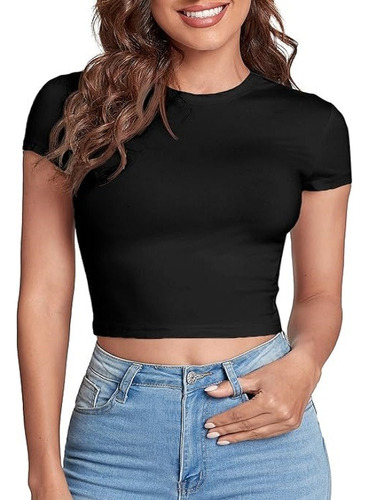 Cropped Feminino Top Manga Curta Gola Careca Moda Gringa