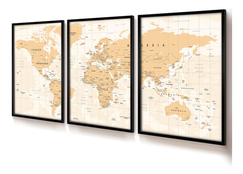 Quadros Decorativos Escritório Trio Vidro 40x60 Mapa Mundi