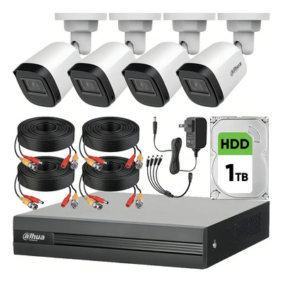 Kit Videovigilancia Cronos 4 Cámaras Dahua Bala B1a21n 2 Mp + Disco Duro 1 Tb + Cables + Accesorios - Kit Cctv B1a21n-med-cc (dvr Dahua Xvr1b04-i Circuito Cerrado) | Envío gratis