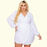 Vestido Curto Plus Size Com Amarração Social Manga Longa