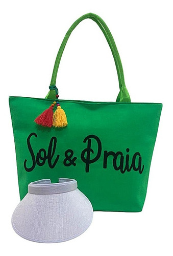 Kit Bolsa Feminina De Praia Neon Verde E Viseira Arco Branco