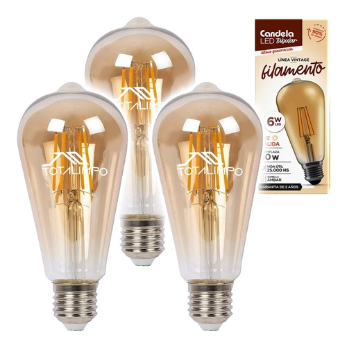 3 Lámparas Led Tubular Filamento 6w Cálida Candela 6807 Cta