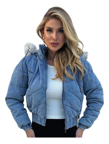 Jaqueta Puffer Jeans Feminina Zíper E Bolso Touca Removível