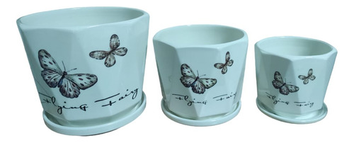 Set De 3 Maceteros/plato, Ceramica Color Blanco/mariposas 