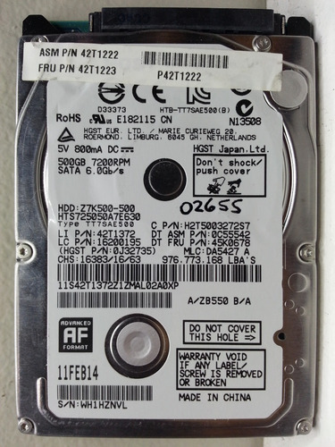 Disco Hgst Hts725050a7e630 500gb 2.5 - 2655 Recuperodatos