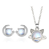 Conjunto Set Collar Y Aretes Gato Universo Luna Plata 925