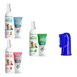 Kit Creme Dental + Escova Dedeira Spray Bucal Caes E Gatos