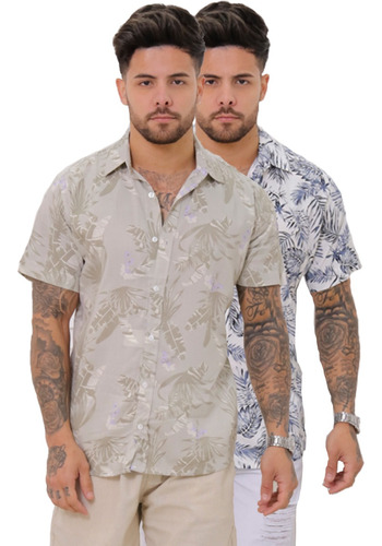 2 Camisa Floral Masculina Manga Curta Social Slim Fit