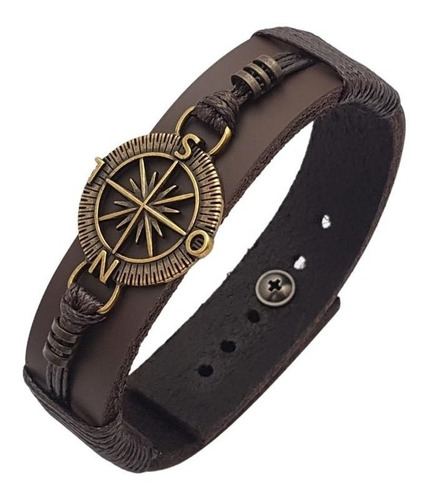 Pulseira Masculina De Couro Pingente Bussola Marrom