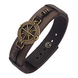 Pulseira Masculina De Couro Pingente Bussola Marrom