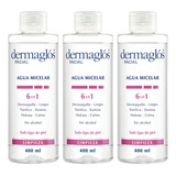 Combo X3 Dermaglos Agua Micelar 6 En 1 Desmaquillante 400 Ml