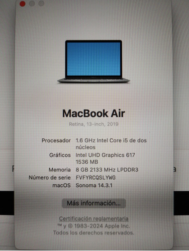 Macbook Air Retina, 13 Inch, 2019, 8gb Sonoma 14.3