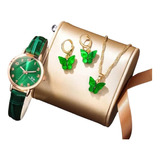 Kit Reloj Para Mujer Mariposa Verde + Collar Aretes Senc