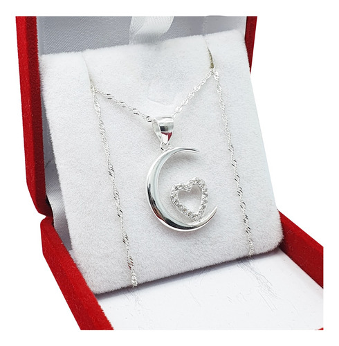 Conjunto Plata 925 Cadena Y Dije Corazón Piedras