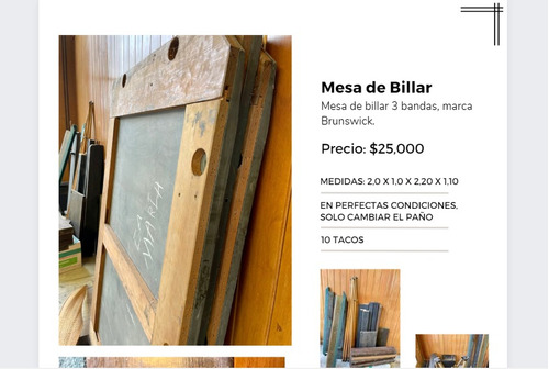 Mesa De Billar 3 Bandas, Marca Brunswick.