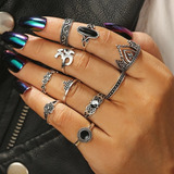 Set Anillos Piedra Negra 10 Unidades De Moda 