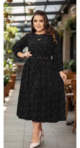 Vestido Midi Feminino Tecido Viscolinho Manga 3\u002F4 Com Cinto | Parcelamento sem juros