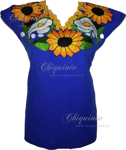 Blusa Artesanal Girasol Y Lirios Bordado Altos De Chiapas