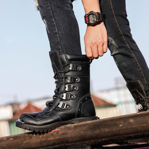 Botas Militares De Cuero Pu Para Hombre, Botas De Moto Punk