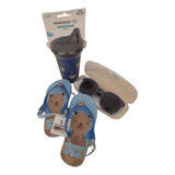 Kit Pimpolho Copo Chinelo Azul Urso + Óculos De Sol Azul