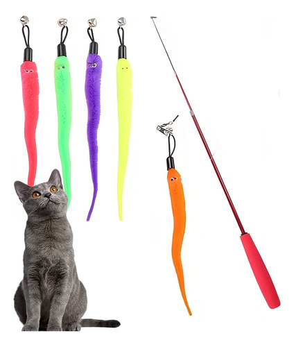 Juguete Interactivo Para Gatos Vara Forma De Caña De Pescar Color Rojo Con Gusano