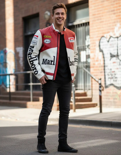 Chaqueta Marlboro Racing De Piel Sintética Bordada Y Algodón