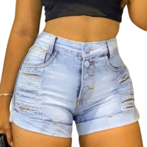 Hot Pants Cintura Alta Botões Cobertos Jeans Femininos 