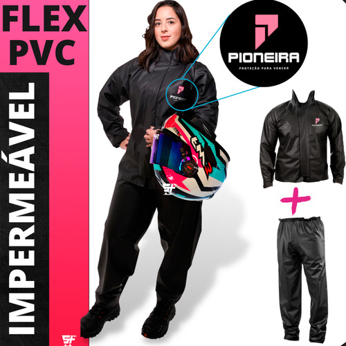 Capa Roupa Chuva Pvc Preta Moto Motoqueiro Forrada Com Gola