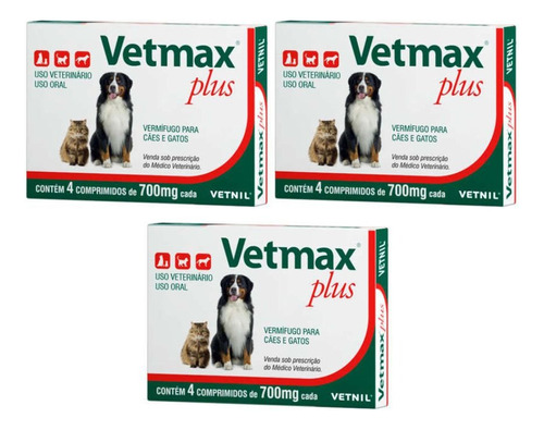 3 Vetmax Plus Vermifugo Para Cães 10kg 4 Comprimidos