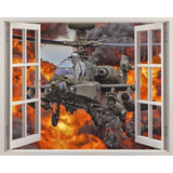 Adesivo Janela Helicóptero De Guerra Explosão Fogo Parede 3d