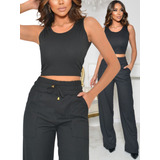 Conjunto Pantalona Feminina Wide Leg Blusa Cropped Verão Top