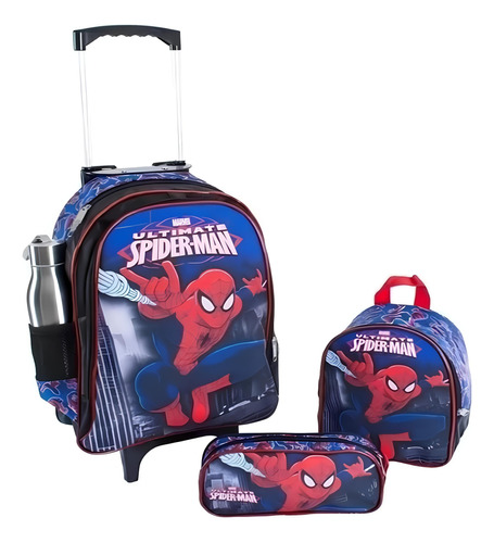 Kit Mochila Homem Aranha Infantil Lancheira Aula Rodinhas T3