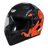 Casco Abatible R7en Color Negro Y Diseño Pulpo Naranja