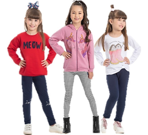 Kit 3 Conjunto Moletom Infantil Menina Inverno Malha Legging