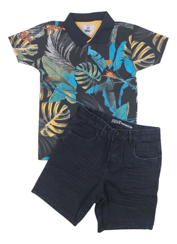 Conjunto Infantil Menino Bermuda Jeans E Camisa Polo
