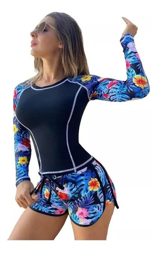 Traje De Baño Dama 2 Piezas Tankini Top Manga Larga Shorts