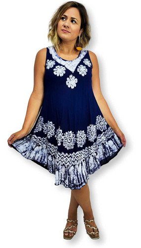 Vestido Trapézio Regata Batik E Bordado Plus Size 1294