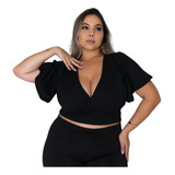 Cropped Canelado Manga Flare Moda Feminina Plus Size