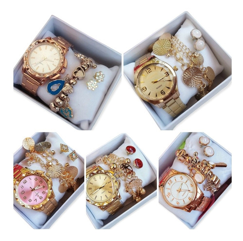Kit Com 5 Relógios Feminino+caixas Laço+pulseiras Atacado
