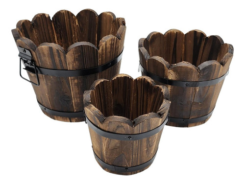 Set 3 Maceteros De Madera Tipo Barril Para Jardín Terrazas